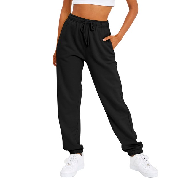 AUTOMET Women’s Winter Fleece Lined Sweatpants Baggy Workout Lounge Pants Preppy Casual Aesthtic Fall Clothes 2023 Black
