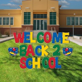 VictoryStore Welcome Back 2 School Yard Sign Quick Set, 10 Piece Set, Outdoor Lawn Decorations Waterproof First Day of School Classroom Yard Decorations with Stakes for Lawn, Home, Party Decorations