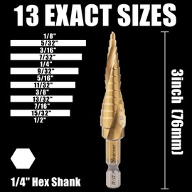 Vearter HSS Spiral Groove Double Flute Step Drill Bits, 1/8" - 1/2" Bits 13 Steps M2 Material Unibit Hex Shank for Drilling Holes in Stainless Steel Aluminium Sheet Metal Wood Plastic PVC