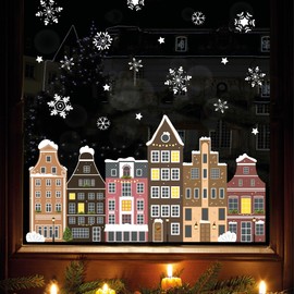 Wandtattoo Loft Window Stickers Christmas Amsterdam House Row - Reusable - A4 Sheet, 34 Stickers - Christmas Decoration Window, Christmas Pictures Window, Window Picture Winter Snowflakes