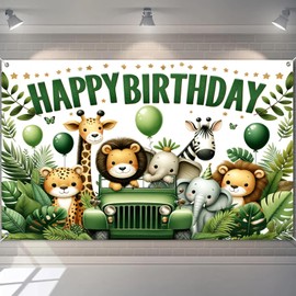 HOMETITUTE Jungle Animal Birthday Banner 96x72 Inch Happy Birthday Banner Cartoon Safari Adventure Party Backdrop for Kids Safari Theme Party Decoration Supplies