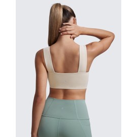 CRZ YOGA Butterluxe Womens Square Neck Sports Bras - Supportive Wide Straps Open Back Padded Camisole Yoga Crop Top Mojave Tan XX-Small
