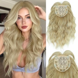 BECUS Blonde Hair Toppers for Women with Thinning 20 Inch Long Wavy Curly Synthetic 360° 3D Realistic Topper with Bangs Hair Pieces Fluffy Wispy Clip in Bangs
