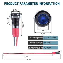 DMWD 5 luces indicadoras LED de ahorro de energía de 12 V-24 V, 20 mA, carcasa de aleación de aluminio, orificio de montaje impermeable con 15 cm. Alambre para coche, camión, barco (LED azul)