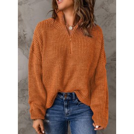 EVALESS Womens Long Sleeve Waffle Knit Casual Sweaters Fashion 1/4 Zipper Pullover Chunky Sweater Warm Cozy Crew Neck Oversized Sweater Fall Winter Outfits Clothes Orange Small