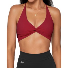 Danysu Women's Workout Sports Bras Backless Padded Low Impact Bra Yoga Crop Tank Top Twirl Front Ruby Red M