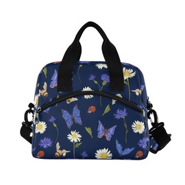 ALAZA Lunch Bags for Women Girls Boys, Blue Butterfly On White Daisy Flower Insulated Lunch Box with Shoulder Straps and Handle, Crossbody Tote Lunch Bag for School Office