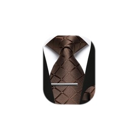 Enlision Men's Ties and Pocket Square Tie Clip Set Paisley Checked Tie Handkerchief Tie Pin for Men Business Wedding Tie Sets, A1-Brown