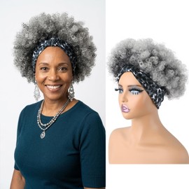Rafabcici Afro Curly Headband Wig for Black Women,Short Kinky Curly Synthetic Wig with Super Elastic Headband Glueless Quick Wear And Go Fluffy Bouncy Afro Wig for Daily Party(T1B/Grey)