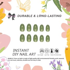 Press on Nails Short Almond MABKJLF Fake Nails Full Cover Aurora Green Glue on Nails Glossy False Nails with Nail Glue Glitter Acrylic Nails Cute Manicure Artificial Nails for Women Girls 24Pcs