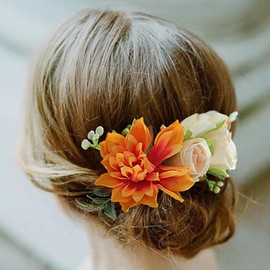 Fangsen Enchanting Dahlia Eucalyptus Globulus Rose Peony Hydrangea Handmade Flower Headpiece Perfect for Wedding Hair Accessories Floral Hair Comb for Women and Girls (Orange & Ivory)