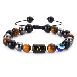 Initial Triple Protection Bracelet for Men,Black Evil Eye Tiger Eye Hematite Obsidian Good Luck Healing Crystal Stones Mens Bead Bracelet Jewelry Gift (A initial bracelet, Triple Protection)