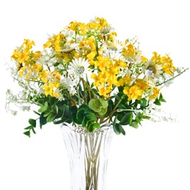 Artificial Daisies Lilac Wildflowers Yellow and White Artificial Flowers, 7pcs Spring Floral for Indoor Vase Outdoor Garden, 14" Faux Wildflowers Bundles for Home Decor with Lily of The Valley