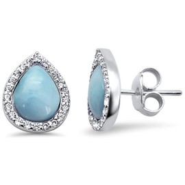Pear Shape Natural Larimar Cubic Zirconia Teardrop Stud Earrings Sterling Silver