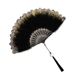EUYKQNOI Feather Fan, Vintage 1920s Folding Feather Fan, Flapper Hand Fan for Costumes, Halloween, Dance, Wedding, Party, Prom, Tea Party, Black