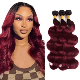 Burgundy Ombre Bundles Human Hair 1B99J Bundles Human Hair Ombre Body Wave Human Hair Red Bundles 20 20 20 Inch Two Tone Black and Red Bundles Double Weft Weave Extensions Hair for Women