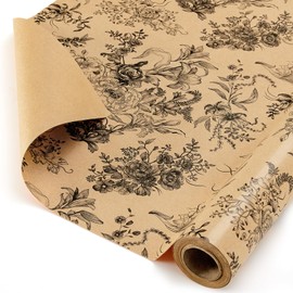 WERNNSAI Floral Kraft Wrapping Paper Roll - 1 Roll 17”x 33 ft Flower Bouquet Gift Wrap Paper Brown Birthday Wrapping Paper for Women Adults Decorative Art Paper Supply