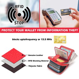 ERDOGLY Credit Card Holder Wallet for Women, RFID Blocking Genuine Leather Credit Card Case, Ladies Folded Purse Large Capacity Travel Compact Wallet with Zipper Pocket, Red