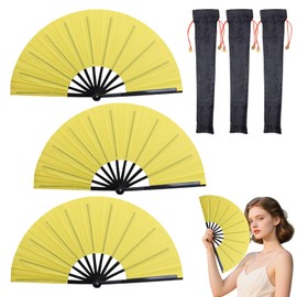 QIYUDA 13inchs Glitter Large Folding Popping Fan Line Dancing Fan, Big Foldable Boots on The Ground Hand Handheld Line Dance Clap Fans (3, 3 Pcak Yellow(Not Glitter))