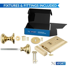 XFORT Premium Range 6"x 4" Traditional Brass Rim Lock Set with Polished Brass Rim Knob, Surface Door Lock with Latch, Shed Lock with Key, Vintage Garden Gate Lock, for External Sheds, Gate or Doors