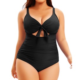Aqua Eve Plus Size One Piece Swimsuit for Women Tummy Control Bathing Suit Cutout Swimwear Black M