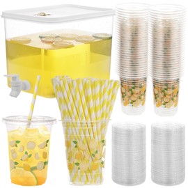 Foxtell Lemonade Stand Supplies Include 8.5L Plastic Drink Dispenser with Spigot 50 Sets Lemonade Cups with Lids and Paper Straws,17oz Disposable Iced Coffee Plastic Cup for Water Juice