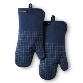 KITCHENAID Gourmet Series Gridlines Oven Mitts 2-Pack Set, Heat Resistant up to 600°F, Soft Silicone Grip, Magnetic Cuff, Ink Blue, 7"x14"