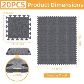 AiVeUao 20Pcs Sound Absorbing Interlocking Floor Mats, 11 x 11 x 0.3 Inch High Density Piano Carpet Drum Rug, Non-Slip Anti Vibration Soundproof Pads, Grey