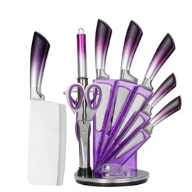 Knife Set Stainless Steel Cleaver Knives Set with Rotatable Acrylic Storage Block Sharpener Sharp Cutlery Kitchen Knife Block Set Chef Cooking Cutting Knives (Purple)