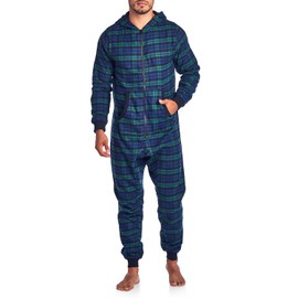 Ashford & Brooks Mens Flannel Hooded One Piece Pajama Union Jumpsuit - Green Blue Black - Small