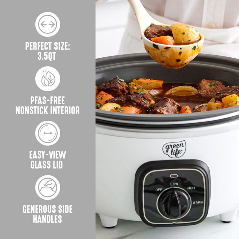 GreenLife 3.5QT Slow Cooker, PFAS-Free Non-Toxic Ceramic Nonstick Removable Interior