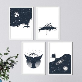 Nacnic Set of 4 prints of Whales and the Milky Way. Beautiful nature designs in nordic style. Wall decoration for your home, office or shop. A4, frameless.