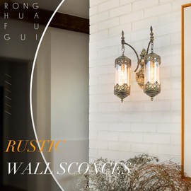 RONGHUAFUGUI Rustic Wall Sconce with Amber Glass Vintage 2-Lights Antique Gothic Wall Light Fixture Retro Mid Centry Lantern Wall Sconce for Bedroom, Living Room, Mirror, Brush Gold, E12