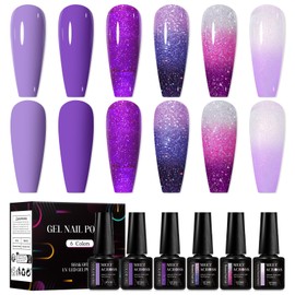 MEET ACROSS Gel Nail Polish Set Purple 6 Colors Gel Polish Kit Purple Glitter Nail Polish Soak Off UV LED Nail Art Manicure Grape Purple Thermal Gel Nail Kit Gifts for Women DIY Home Salon