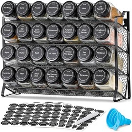 Spice Organizer with 28 Empty Spice Jars with Black Lids, Funnel, Spice Labels, Seasoning Organizer for Countertop, Cabinet, Kitchen, Pantry, Cupboard
