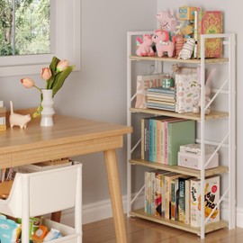 JSB No Assembly Folding Bookshelf, 4 Tier Industrial Metal Book Shelf for Storage, Vintage Wood Foldable Bookcase for Living Room, Bedroom, Office Organization Shelves