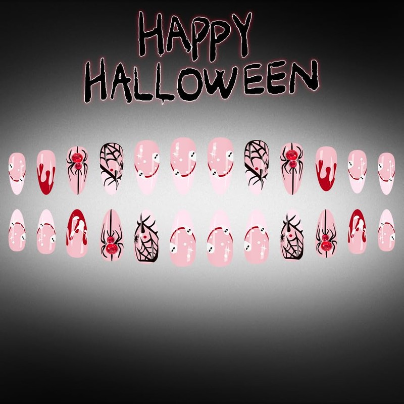 24Pcs White French Tip Halloween Press on Nails Short Almond