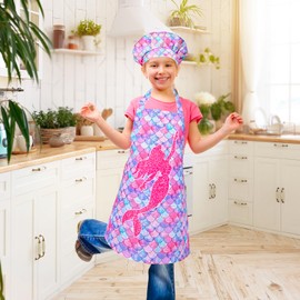 Kids Apron and Chef Hat Set, Child Aprons for Cooking Baking Painting Mermaid Toddler Girls Art Apron with Pockets 3-12 Years