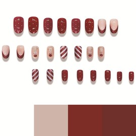 Christmas Press on Nails Medium Almond Fake Nails with Elk Design Snowflake Glue on Nails Red White Stripes Stick on Nails Glossy French tips False Nails Cute Winter Nails for Women Girls Manicure