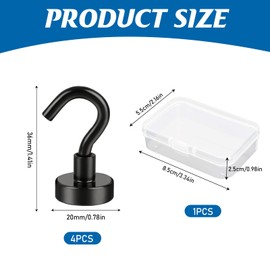 ChAusa 4 Pack Neodymium Magnet Hooks 20 mm, Magnet Hooks Extra Strong Holds 33 lb (15 kg) Magnets with Hooks, Black Super Strong Magnetic Hook for Iron Doors Refrigerators Kitchen Clothes Rack