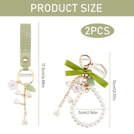 2 Pcs Lily of The Valley Flower Key Chains, Green Ribbon Forest Cute Keychains, Women's Leather Key Rings, Anti-Lost Pearl Pendant for Women And Girls for Car Keys Handbags Clothing