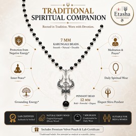 Karungali Malai Original with Trishool, Damru and 10 MM Karungali Bead | Silver Plated | Karungali Mala with Authenticity Certificate and Jute Storage Pouch |