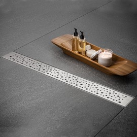 BAUNVB Linear Shower Drain 28 Inch, Bubbles Shower Drain SUS-304 Stainless Steel, 51L/Min Fast Drainage Floor Linear Drain, US Standard CUPC Certified, Brushed Silver, SD-099