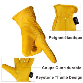 KIM YUAN Leather Work Gloves for Gardening/Cutting/Construction/Motorcycle/Farm, Men & Women, with Elastic Wrist, Large 1 Pair