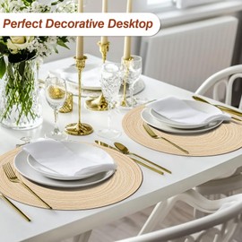 HEYOMART Round Placemats and Coasters Set of 6, 34cm Round Braided Woven Place Mats Washable Table Mats and Coasters Sets Heat Resistant Table Mats for Kitchen Dining Table Home Restaurant, Beige