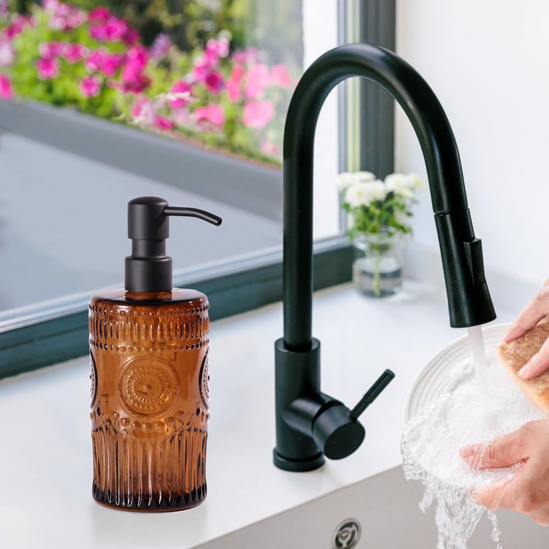 Simeitol 17 OZ Amber Glass Soap Dispenser with Black Stainless