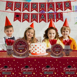 Graduation Party Decorations 2025,147 PCS Dark Red Party Class of 2025 Decor,Congrats Grad Banner Graduation Plates Cups Tablecloth,Graduation Party Supplies for Home,School,College,Serve 24