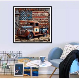 CXYQLC DIY 5D Diamond Painting Kits for Adults Diamond Art American Flag Truck Painting Full Drill Crystal Rhinestone Embroidery Craft Kits for Home Wall Decor Gifts 11.8x11.8inch