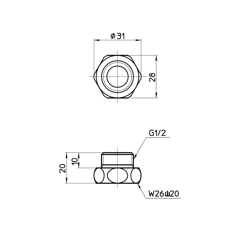 SANEI PT25-6A Pipe Adapter, Converts W26 Mount, 20 to G1/2,