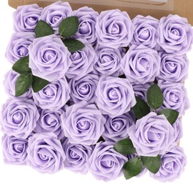 MACTING Artificial Flower Roses, 30pcs Real Touch Fake Flowers with Stem, Foam Roses for Wedding Bouquets Boutonniere Table Centerpieces Party Home Decorations(Lavender)